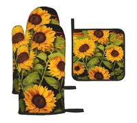Juego de 3 manoplas de horno y soportes para ollas, resistentes al calor, guantes de horno con diseño de flor de sol, guantes de cocina para hornear, guantes antideslizantes para cocinar