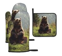 Juego de 3 Manoplas y agarraderas para Horno, Resistentes al Calor y Antideslizantes. Guantes de Cocina. Agarraderas para Horno. Hi Bear Sit on The Lawn Mittens Gloves. Guantes Antideslizantes para c