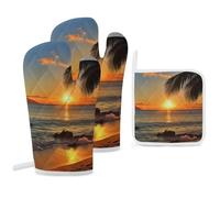 Juego de 3 Manoplas y agarraderas para Horno, Resistentes al Calor y Antideslizantes. Guantes de Cocina con Estampado de Amanecer en Hawái. Manoplas y agarraderas Antideslizantes para cocinar, hornea
