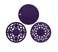 Juego de 3 manteles individuales redondos de silicona, diseño retro hueco, perfecto para proteger las mesas del calor y derrames (morado)