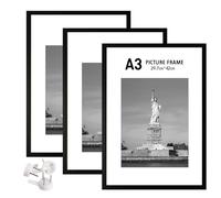 Juego de 3 Marcos A3, Marco de Fotos Negro, Marco de Imagen de Madera A3, Marco de Madera para Impresión, Wooden Photo Frame, Marco de Certificado para Decoración Hogar, 29.7 x 42 cm