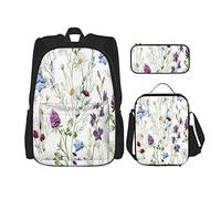 Juego de 3 mochilas amarillas abstractas de acuarela, manzanilla, trébol, campana, flores silvestres, flores azules, bolsa de libros, bolsa de viaje, trabajo, escuela, estuche de lápices, bolsa de a