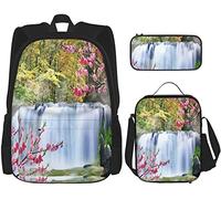 Juego de 3 mochilas Bosque Cascada Lago Melocotón Flor Rama País de las Maravillas Naturaleza Escénica Bolsa Escolar Estuche Almuerzo B, color, 5.0cm*10.5cm*20.5cm, Estuche para lápices