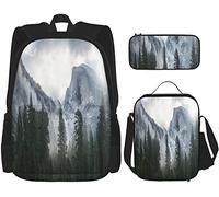 Juego de 3 mochilas Bosque Montaña Misteriosa Naturaleza Woolands con montaña en niebla bolsa escolar Estuche de almuerzo C, color, 5.0cm*10.5cm*20.5cm, Estuche para lápices