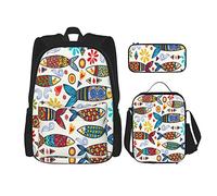 Juego de 3 mochilas brillantes y sorprendentes con diseño de Portugal de sardinas ornamentales y elementos gráficos, bolsa de libros, viaje, camping, trabajo, escuela, estuche de lápices, bolsa de a