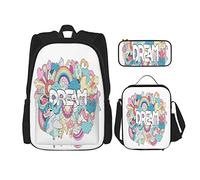 Juego de 3 mochilas coloridas de estilo de dibujos animados con elementos infantiles, diseño de letras de sueños, ilustración de garabatos, bolsa de viaje, trabajo, escuela, estuche de lápices, bols
