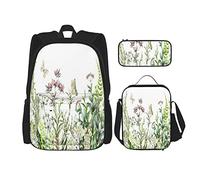 Juego de 3 mochilas con borde de hierbas, flores silvestres, hojas con animales, mariposa, bolsa de libros, viaje, camping, trabajo, escuela, estuche de lápices, bolsa de almuerzo, combinación para