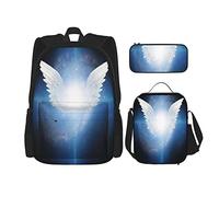 Juego de 3 mochilas con diseño de alas de ángel, elementos conceptuales de moscas, símbolos de signos blancos, amor, ala, bondad, bolsa de libros angelical, bolsa de viaje, trabajo, escuela, estuche