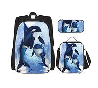 Juego de 3 mochilas con diseño de animales acuáticos de orca, diseño de dibujos animados, acuarela, fauna marina, bolsa de libros, viaje, camping, trabajo, escuela, estuche de lápices, bolsa de almu
