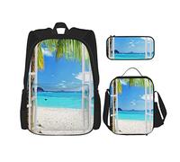 Juego de 3 mochilas con diseño de árbol verde sobre arena blanca, playa, océano azul, mar, cielo soleado desde la ventana, bolsa de libros, viaje, camping, trabajo, escuela, bolsa de lápices, bolsa