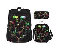 Juego de 3 mochilas con diseño de calavera colorida para beber, fumar, esqueleto, amor, romance, bolsa de libros, viaje, camping, trabajo, escuela, estuche de lápices, bolsa de almuerzo, combinación
