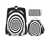 Juego de 3 mochilas con diseño de círculos hipnóticos, espiral óptica abstracta, remolino, hipnotizar patrón circular de blanco y negro, bolsa de libro giratoria, bolsa de trabajo, escuela, estuche