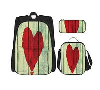 Juego de 3 mochilas con diseño de corazón pintado en la pared de madera rústica, romance, afecto, placer, bolsa de libros, viaje, camping, trabajo, escuela, bolsa de lápices, bolsa de almuerzo, comb