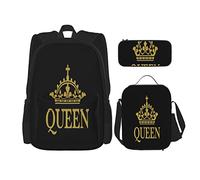 Juego de 3 mochilas con diseño de corona de reina negra y dorada, bolsa de viaje, camping, trabajo, escuela, estuche de lápices, bolsa de almuerzo, combinación para hombres, mujeres, niños, niñas, t