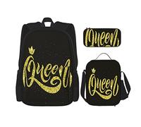 Juego de 3 mochilas con diseño de corona y palabra de reina, bolsa de libros, viaje, camping, trabajo, escuela, estuche de lápices, bolsa de almuerzo, combinación para hombres, mujeres, niños y niña