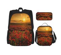 Juego de 3 mochilas con diseño de flores rojas, amapolas, campo, amanecer, bolsa de libros, viaje, camping, trabajo, escuela, estuche de lápices, bolsa de almuerzo, combinación para hombres, mujeres