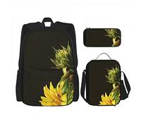 Juego de 3 mochilas con diseño de girasoles, mariposas doradas sobre fondo negro, plantas de primavera, flores salvajes, escena de la naturaleza, bolsa de libros rústica, bolsa de trabajo, escuela,