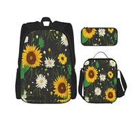 Juego de 3 mochilas con diseño de girasoles y flores de manzanilla blanca, bolsa de libros, viaje, camping, trabajo, escuela, estuche de lápices, bolsa de almuerzo, combinación para hombres, mujeres