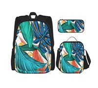 Juego de 3 mochilas con diseño de hojas tropicales de verano, exóticas plantas verdes, palmeras, para viajes, camping, trabajo, escuela, estuche de lápices, bolsa de almuerzo, combinación para hombr