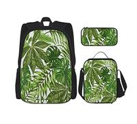 Juego de 3 mochilas con diseño de hojas tropicales, exóticas palmeras, selva, moda, naturaleza, verde, bolsa de libros, viaje, camping, trabajo, escuela, estuche de lápices, bolsa de almuerzo, combi