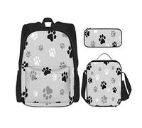 Juego de 3 mochilas con diseño de huellas de animales, color negro y ceniza, para viajes, camping, trabajo, escuela, estuche de lápices, bolsa de almuerzo, combinación para hombres, mujeres, niños y