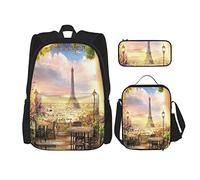 Juego de 3 mochilas con diseño de la Torre Eiffel, París, paisaje, ciudad, arquitectura, balcón, paisaje urbano, paisaje urbano, bolsa de libros, viaje, trabajo, escuela, estuche, bolsa de almuerzo,