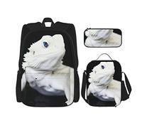 Juego de 3 mochilas con diseño de lagartos y dragones barbudos, color blanco frío, para viajes, camping, trabajo, escuela, estuche de lápices, bolsa de almuerzo, combinación para hombres, mujeres, n