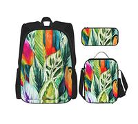 Juego de 3 mochilas con diseño de loros tropicales, palmeras exóticas, hojas de plátano, acuarela, para viajes, camping, trabajo, escuela, estuche de lápices, bolsa de almuerzo, combinación para hom