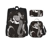 Juego de 3 mochilas con diseño de luna de sirena en sus manos, bolsa de libro de mitología marina dibujada a mano, bolsa de viaje, camping, trabajo, escuela, estuche de lápices, bolsa de almuerzo, c