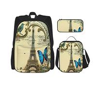 Juego de 3 mochilas con diseño de mariposa azul, diseño moderno de la Torre Eiffel de París, bolsa de viaje, camping, trabajo, escuela, estuche de lápices, bolsa de almuerzo, combinación para hombre