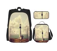 Juego de 3 mochilas con diseño de paisaje marino, faro y gaviota, junto al mar, cielo nublado, bolsa de libros, viaje, camping, trabajo, escuela, estuche de lápices, bolsa de almuerzo, combinación p