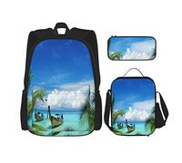 Juego de 3 mochilas con diseño de palmeras y barco de pesca, imagen del paraíso y playa hawaiana exótica, bolsa de libros, viaje, camping, trabajo, escuela, estuche de lápices, bolsa de almuerzo, co