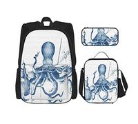 Juego de 3 mochilas con diseño de pulpo tocando el tambor, disfruta de la música, rock and roll, bolsa de libros, viaje, camping, trabajo, escuela, bolsa de lápices, bolsa de almuerzo, combinación p