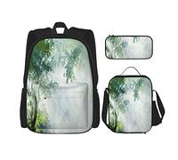 Juego de 3 mochilas con diseño de rayo de sol entre sombras de árboles, paisaje idílico de soledad en la selva, bolsa de libros, bolsa de viaje, trabajo, escuela, estuche, bolsa de almuerzo, combina