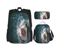 Juego de 3 mochilas con diseño de tiburón, animal salvaje en el mar, ataque que muestra la boca y los dientes, bolsa de libros con estampado de miedo, bolsa de viaje, trabajo, escuela, estuche de lá