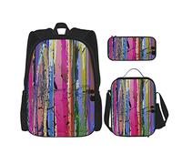 Juego de 3 mochilas con diseño de trazos de pintura abstracta mixta, marco de lona, patrón vibrante, salpicaduras, diseño morado, arcoíris, diferentes bolsas de libros, viajes, trabajo, escuela, bol