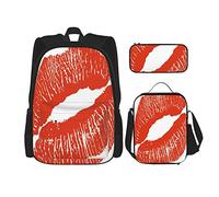 Juego De 3 Mochilas Con Estampado De Labios Marca De Beso Sobre Fondo Blanco Rastro Seductor Con Pantalla Grunge Bolsa De Libros Viaje Camping Trabajo Escuela Bolsa Estuche De Lápices Bolsa De Almue