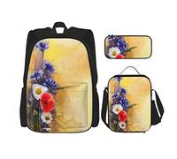 Juego de 3 mochilas con flores de amapola, aciano, pastel, manzanilla, pétalo, obra de arte, bolsa de libro, viaje, camping, trabajo, escuela, bolsa de lápices, bolsa de almuerzo, combinación para h