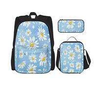 Juego de 3 mochilas con fondo de acuarela y flores de manzanilla en azul, bolsa de libros, viaje, camping, trabajo, escuela, estuche, bolsa de almuerzo, combinación para hombres, mujeres, niños, niñ