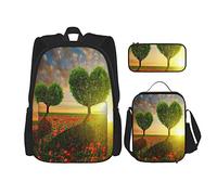 Juego de 3 mochilas con forma de corazón de amapola, árboles, puesta de sol, cielo nublado, rural, romántico, amor, pradera, bolsa de libros, viaje, camping, trabajo, escuela, bolsa de lápices, bols