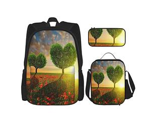 Juego de 3 mochilas con forma de corazón de amapola, árboles, puesta de sol, cielo nublado, rural, romántico, amor, pradera, bolsa de libros, viaje, camping, trabajo, escuela, bolsa de lápices, bols