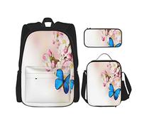 Juego de 3 mochilas con mariposa azul en primavera, flores de cerezo, flor japonesa, blanco, rosa, huerto, naturaleza, bolsa de libros, viaje, trabajo, escuela, estuche, bolsa de almuerzo, combinaci