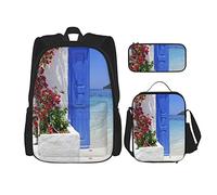 Juego de 3 mochilas con puerta azul tradicional con una gran vista en la isla de Santorini, bolsa de libros, viaje, camping, trabajo, escuela, bolsa de lápices, bolsa de almuerzo, combinación para h
