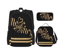 Juego de 3 mochilas con purpurina Mr and Mrs Lettering Corazones dibujados a rayas borde romántico boda impresión libro bolsa viaje Wor, color, 5.0cm*10.5cm*20.5cm, Estuche para lápices