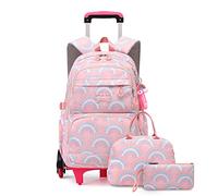 Juego de 3 mochilas con ruedas para niñas, mochila escolar para estudiantes de primaria, Rosa 6 ruedas-b, Moderno