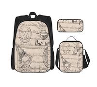 Juego de 3 mochilas con sellos de texto descoloridos vintage, letras de la Torre Eiffel, París en beige, viajes, Francia, francés, bolsa de libros, viaje, trabajo, escuela, estuche, bolsa de almuerz