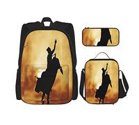 Juego de 3 mochilas con silueta de jinete de toro al atardecer, cielo dramático, campo rural, paisaje, bolsa de libros de rodeo, bolsa de viaje, trabajo, escuela, estuche de lápices, bolsa de almuer