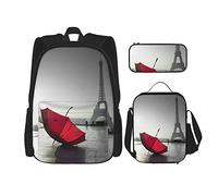Juego de 3 mochilas con tema de París, torre Effiel con paraguas rojo, corazón en el suelo, bolsa de libros romántica, bolsa de viaje, trabajo, escuela, estuche de lápices, bolsa de almuerzo, combin