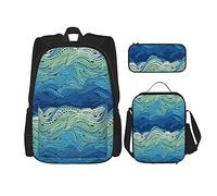 Juego de 3 mochilas con temática acuática conceptual del océano, diseño de olas dibujadas a mano, paisaje marino, bolsa de libros, bolsa de viaje, trabajo, escuela, estuche de lápices, bolsa de almu
