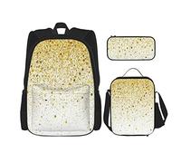 Juego de 3 mochilas con textura dorada abstracta con purpurina sobre un fondo blanco como confeti, bolsa de libros con explosión, bolsa de viaje, trabajo, escuela, estuche de lápices, bolsa de almue